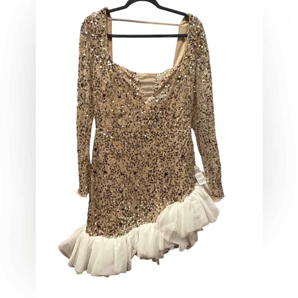 Asos Luxe Sequin Long Sleeve Nude gold sequin white tulle hem dress size 14 - Picture 2 of 12